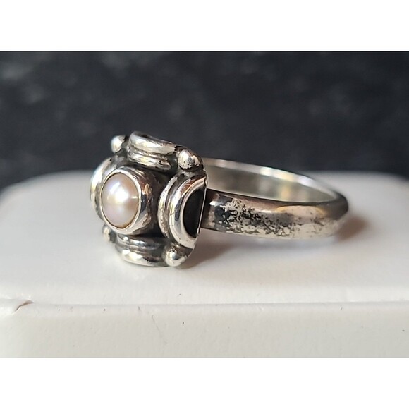 925 Sterling Silver Pearl Floral Square Shaped Ring Vintage, SIZE US 7.25 - Picture 4 of 10